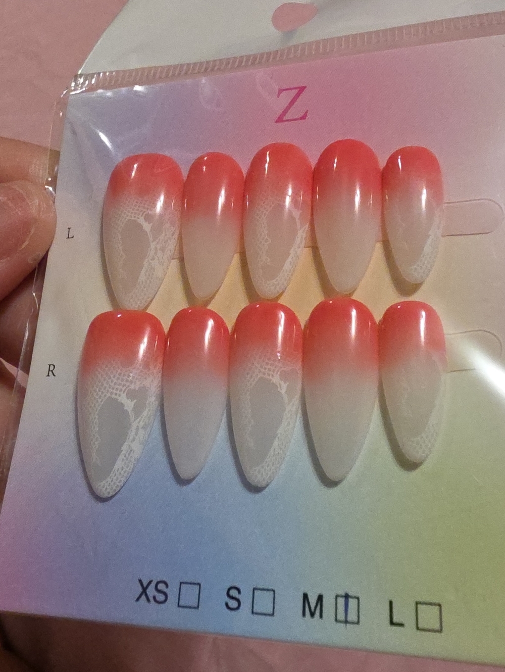 Coral Ombre Lace-Accent Stiletto Nail Set